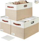 Large Collapsible Fabric Storage Bins with 3 Handles, Foldable Organizer Baskets for Closet, Shelves, Living Room | 3 Pack, Durable PU & Metal Handles (17"x11.8"x11.8", Beige & White) by TinyTreasures Baby Boutique