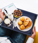Coffee Table Tray - Large Ottoman Tray for Living Room - Wood Serving Tray with Handles(2 Sets) - Wooden Trays for Coffee Tables, 4 Round Coasters Included, Deep Blue by CozyNest Decor