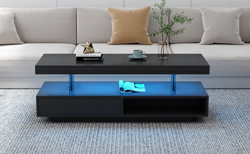 LED Coffee Table with Storage, Modern Center Table with 2 Drawers and Display Shelves, Accent Furniture with LED Lights for Living Room,Black