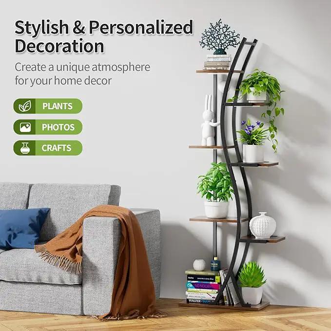 62" Tall Plant Stand with Grow Light Indoor, 7 Tiered Metal Plant Shelf Bookshelf, Curved Corner Flower Stand Display Storage Rack Holder for Living Room, Balcony Decor, photo 4 of 7