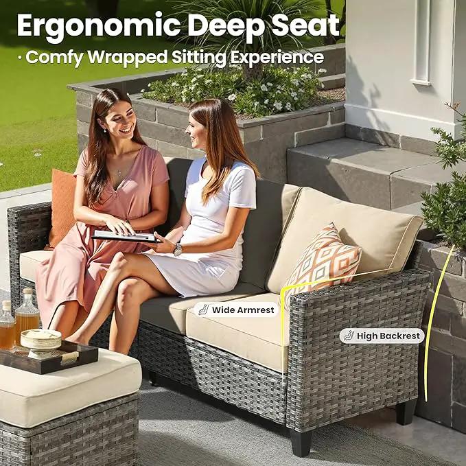 ovios 6 Pieces Patio Furniture Set with 30" Fire Pit Table, Outdoor Wicker Sofa with Comfy Cushions, All Weather High Back Rattan Couch Conversation Set, Beige, photo 4 of 8