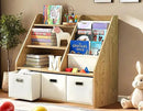 Kids Bookshelf and Toy Storage Organizer, Montessori Nursery Book Shelves with 3 Tier Sling Rack & Fabric Toy Bins, Children Toddler Baby Bookshelf, Wooden Toy Shelf for Kids Room Playroom by CozyNest Decor