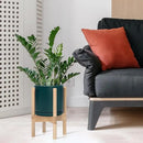 D'vine Dev Ceramic Planter with Natural Stand - 8 Inch Modern Round Flower Pot with Wood Planter Holder, Teal, 55-B-N-4 by CozyNest Decor