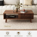 Mid Century Coffee Table with Storage & Sliding Fence Door, Modern Coffee Tables for Living Room, Walnut Finish by CozyNest Decor