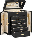 AKOZLIN 6-Tier Jewelry Box Organizer Functional 5 Drawers Leather Jewelry Storage Case for Women Girls Ring Necklace Earring Bracelet Holder Organizer with Mirror Black by TinyTreasures Baby Boutique