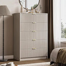 5 Drawer Dresser for Bedroom, Tall Dresser Chest of Drawers with Gold Handles, 32 Inch Wide Nightstand with for Bedroom, Living Rooms, Offices, and Entryways, Beige by CozyNest Decor