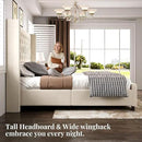 PaPaJet Queen Size Bed Frame with 61.4" Tall Headboard, Velvet Modern Upholstered Tufted Bed for Adults, Handmade Deep Button Tufting, Solid Wood Legs, No Box Spring Required, Cream by CozyNest Decor