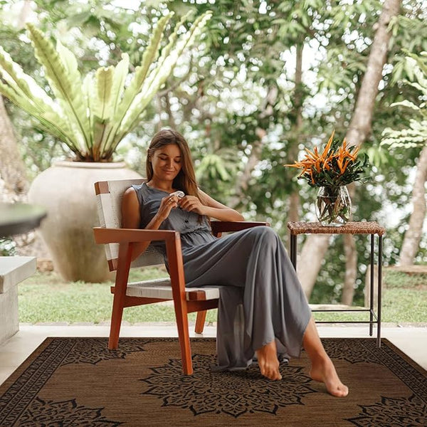 CAMILSON Outdoor Rug, Modern Area Rugs for Indoor and Outdoor Patios, Kitchen and Hallway mats, Washable Porch Deck Outside Carpet (6 x 9, Medallion Nut Brown), photo 2 of 10