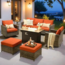 ovios 7 Pieces Patio Furniture Set with 42" Fire Pit Table, Outdoor Wicker Sofa with Swivel Chairs, All Weather High Back Rattan Couch Conversation Set, Orange Red by GreenHaven Gardens