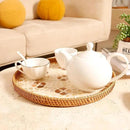 Round Rattan Tray with Mother of Pearl Inlay & Wooden Base - Decorative Wicker Serving Tray for Coffee/Bread/Fruits, Food Storage & Display - Multipurpose Home Decor (M,Four-Petal Flower) by CozyNest Decor