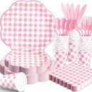 350 Pcs Pink Gingham Plates and Napkins Party Supplies - Pink and White Checkered Plates Sets Serve 50 Guests - Scalloped Gingham Paper Plate for Birthday Wedding Picnic Party Decorations by CozyNest Decor