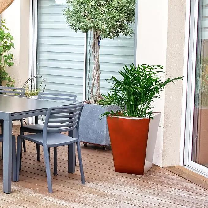 KOL 18''H. Bright Glazed Planter with Drainage Hole, Set of 2, Galvanized Steel Planter Pots for Indoor & Outdoor Use, Decorative Flower Plant Pots for Front Porch, Patio, Deck - Reddish Brown, photo 5 of 9