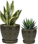 Docrin Ceramic Plant Pots Indoor: 6.6 + 5.5 Inch Planters with Drainage Holes and Saucer for Home/Office - Set of 2 /Dark Green by GreenHaven Gardens