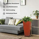 KOL 25''H. Galvanized Steel Planter with Saucer, Tall Glazed Planter Pots for Indoor & Outdoor Use, Set of 2, Decorative Flower Plant Pots with Drainage Hole for Porch, Patio, Deck - Reddish Brown by CozyNest Decor