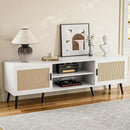 TV Stand for TVs up to 65'', Mid Century Modern Entertainment Center with Rattan Door, Shelves & 2 Cabinets, Boho Media TV Console for Living Room, Bedroom, White by CozyNest Decor