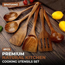 SPATUAMZ Wooden Cooking Spoons, Ladle and Spatula, Fine Polished Teak Wood Cooking Utensils Set of 6, Nonstick Wooden Kitchen Spoon & Spatula Set by CozyNest Decor