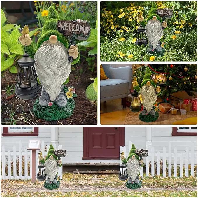 Lovinland Garden Gnome Statue Outdoor Decor Large Flocked Resin Gnome Figurine with Solar Light Holding Lantern Welcome Sign Garden Yard Decorations Dwarf Sculpture for Outside Patio Porch Lawn Decor, photo 6 of 7