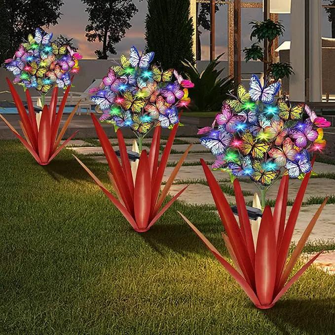 Homight Solar Metal Agave Butterfly Flower Stick Garden Sculpture - Outdoor Gift, Christmas Lights - Swaying Butterfly Garden Lights - Solar Outdoor (3 PCS RED)