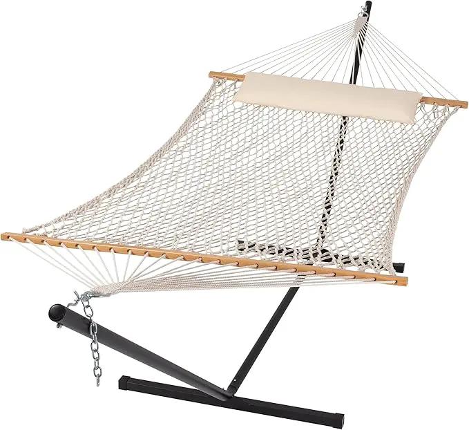 SUNCREAT Double Outdoor Hammock with Stand Included, Portable Cotton Rope 2 Person Hammock for Outdoor, Patio, Garden, Backyard, Beige