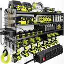 Large Power Tool Organizer Wall Mount with Charging Station,4 Layer Heavy Duty Metal Tool Storage Rack Loads 600lbs with 8 Cordless Drill Holder,Battery Utility Rack Loads with 4 Power Strip by GreenHaven Gardens