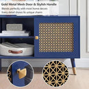 Mid Century Modern Entertainment Center, Blue TV Stand for TVs up to 75", Boho Tv Furnitures with Storage Cabinet and Shelves, Tv Console Media Center with Gold Metal Mesh Doors for Living Room by CozyNest Decor
