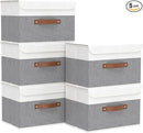 Yawinhe Storage Bins with Lids, Fabric Foldable Boxes, Washable and Leather Handle, Cube Organizer Basket for Home, Closet, White/Grey, 17.7''Lx11.8''Wx11.8''H, 5-Pack, USNK024WGX-5 by TinyTreasures Baby Boutique