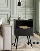 Nightstand,Modern Bedside Table with Storage Drawer and Open Wood Shelf, Accent Night Stand with Solid Wood Legs for Living Room, Bedroom and Small Spaces,Easy Assembly (Black) by CozyNest Decor