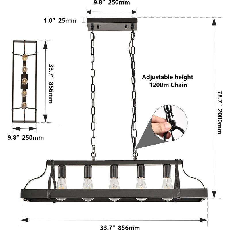 34-Inch Black Industrial Pendant Light with 5 E26 Bulb Sockets, Adjustable Chain Height – Modern Farmhouse Linear Chandelier for Dining Room, Kitchen Island, or Living Room (Bulb Not Included)