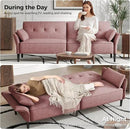 89” Futon Sofa Bed, Velvet Fabric Futon Couch Bed with 2 Square Pillows, Convertible Sleeper Sofa with Adjustable Backrest& Armrests, Modern Loveseat Sleeper for Living Room, Bedroom, Pink by CozyNest Decor