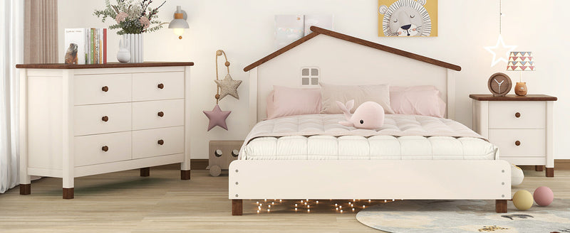 3-Pieces Bedroom Sets Full Size Platform Bed with Nightstand and Storage dresser, Cream+Walnut