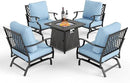 Patio Furniture Set with Fire Pit Table, 5 Pcs Metal Outdoor Conversation Set, 4 Rocking Chairs with 5.75" Extra Thick Cushion and 28" Fire Pit Table for Backyard Deck, Blue by GreenHaven Gardens