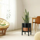 D'vine Dev Ceramic Planter with Ebony Stand - 12 Inch Modern Round Flower Pot with Wood Planter Holder, Black/Speckled Tan, 55-B-H-7 by GreenHaven Gardens
