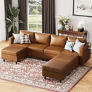 118.5" Faux Leather Modular Sectional Sofa, 7 Seater U Shaped Couch with Storage Seat with Reversible Chaise Deep Seat for Living Room Brown by CozyNest Decor