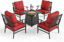 Patio Furniture Set with Fire Pit Table, 5 Pcs Metal Outdoor Conversation Set, 4 Single Chairs with 5.75" Extra Thick Cushion and 28" Fire Pit Table for Backyard Deck, Red by GreenHaven Gardens