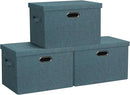 Large 17" 36 Quart Collapsible Stackable Storage Bins with Lids, 3 Packs Blue-Green Linen Fabric Closet Boxes with Lids, Storage Cube Baskets Container Organizers for Bedroom (17x12x11) by CozyNest Decor