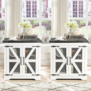 Farmhouse End Table Set of 2, 24" Large Sofa Side Table with Charging Station, Mesh Barn Door, White Nightstand with Adjustable Storage Shelf, Square Nightstand for Living Room, Bedroom by CozyNest Decor
