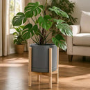 D'vine Dev Ceramic Planter with Natural Stand - 12 Inch Modern Round Flower Pot with Wood Planter Holder, Grey, 55-B-J-3 by CozyNest Decor