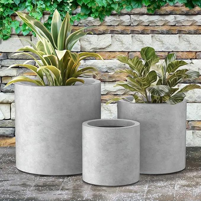 Kante 9.8",12.6",15.7" Dia Round Concrete Planter Set of 3, Modern Style Large Cylindrical Plant Pot with Drainage Hole and Rubber Plug for Indoor Outdoor Patio, Natural Concrete, photo 6 of 8