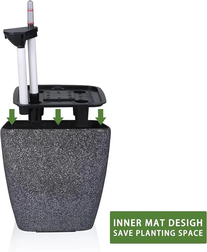 Dexceder 13x12 Self Watering Planter with Wheels Indoor Outdoor, Inner Mat Design, Thickened Large Floor Standing Flower Plant Pot with Water Level Indicator (Stone Matte), photo 4 of 6