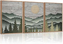 HLNIUC Mountain Framed Canvas Wall Art,Large Green Forest Woodcut Wall Decor Set of 3(16”x24”)Abstract Sun Forest Pine Trees Wall Painting,Rustic Sun Nature Landscape Art Print for Living Room,Bedroom by CozyNest Decor