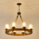 8 Light Rustic Wagon Wheel Chandelier, 31" Wooden Pendant Light with Seeded Glass Shade