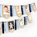 pinkblume 1st Birthday Burlap Photo Banner Garland Handmade Felt from Newborn to 12 Months with Dusty Blue Gray Ribbon for Baby Boy Girl Monthly Milestones First Birthday Party Decoration Supplies by TinyTreasures Baby Boutique