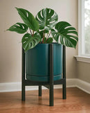 D'vine Dev Ceramic Planter with Ebony Stand - 12 Inch Modern Round Flower Pot with Wood Planter Holder, Teal, 55-B-H-4 by GreenHaven Gardens