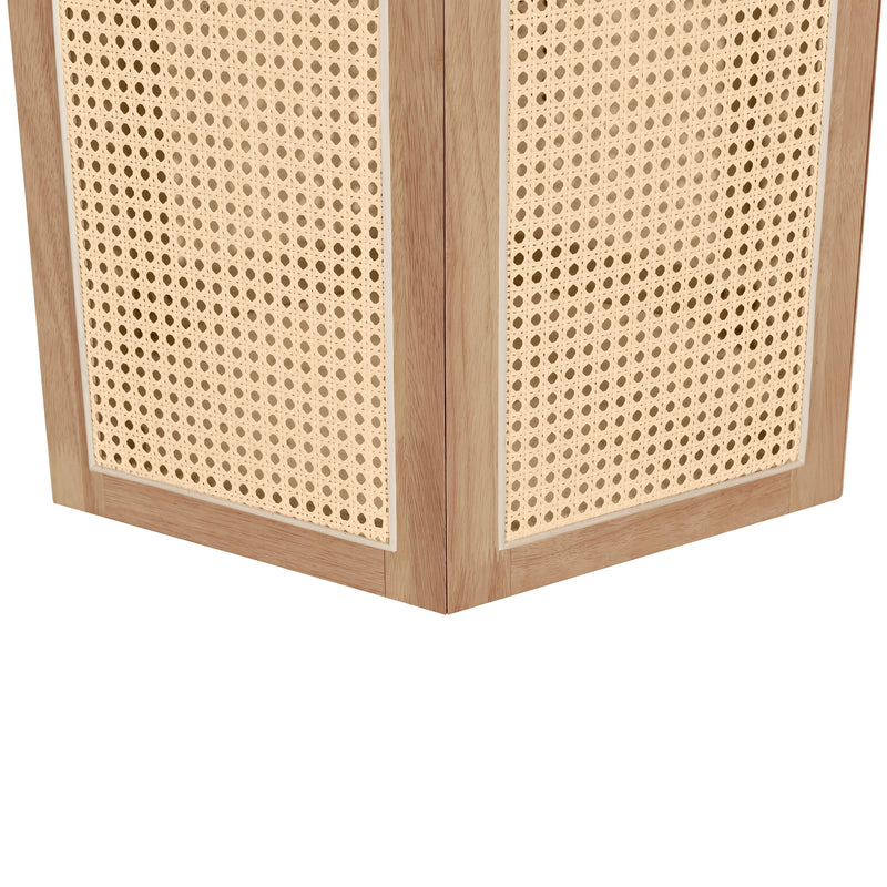 5-Piece Rattan Round Dining Table Set, Wood Table with Hexagonal Base and Upholstered Chairs for Dining Room, Kitchen,Indoor Use, White+Beige