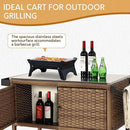 Wicker Outdoor Bar Cart with 4 Lockable Casters, Patio Prep Stainless Table with 2 Ratten Doors Storage Cabinet,Island Cart with WPC Shelf for Grill, Kitchen and Garden, Brown by CozyNest Decor
