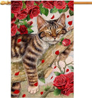 BLKWHT Valentines Cat House Flag 28 x 40 Vertical Double Sided Red Roses Spring Farmhouse Holiday Outside Decorations Burlap Yard Flag BW757-40 by GreenHaven Gardens