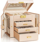 AKOZLIN 4-Tier Jewelry Box Leather Jewelry Storage Organizer with 3 Drawers Lockable for Women Girls Ring Necklace Earring Bracelet Holder with Mirror Champagne by TinyTreasures Baby Boutique