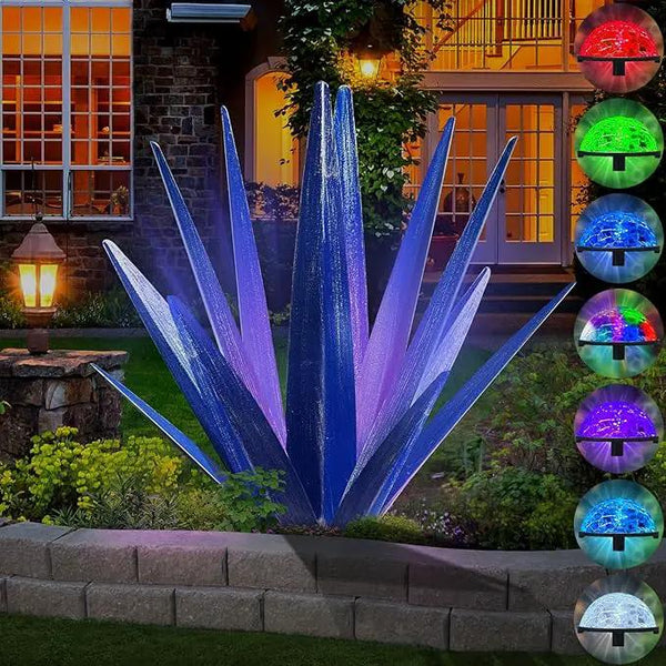 Large Tequila Rustic Sculpture, Rustic Metal Agave Plants for Outdoor Patio Yard, Home Decor Hand Painted Metal Agave Garden Yard Statue, Outdoor Lawn Ornaments (Dark Blue - L (W/Solar Light))