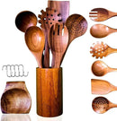 Wooden Spoons for Cooking - 8 Piece Natural Teak Kitchen Utensil Set Non Toxic - Teak Wooden Utensils with Spoon Rest and Holder by CozyNest Decor