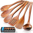 Zulay Kitchen Extra-Large 6-Piece Wooden Spoon Set - Smooth Teak Cooking Utensils - Comfort-Grip Non-Stick Turner, Spatula, Skimmer, Fork, Serving Spoon by CozyNest Decor